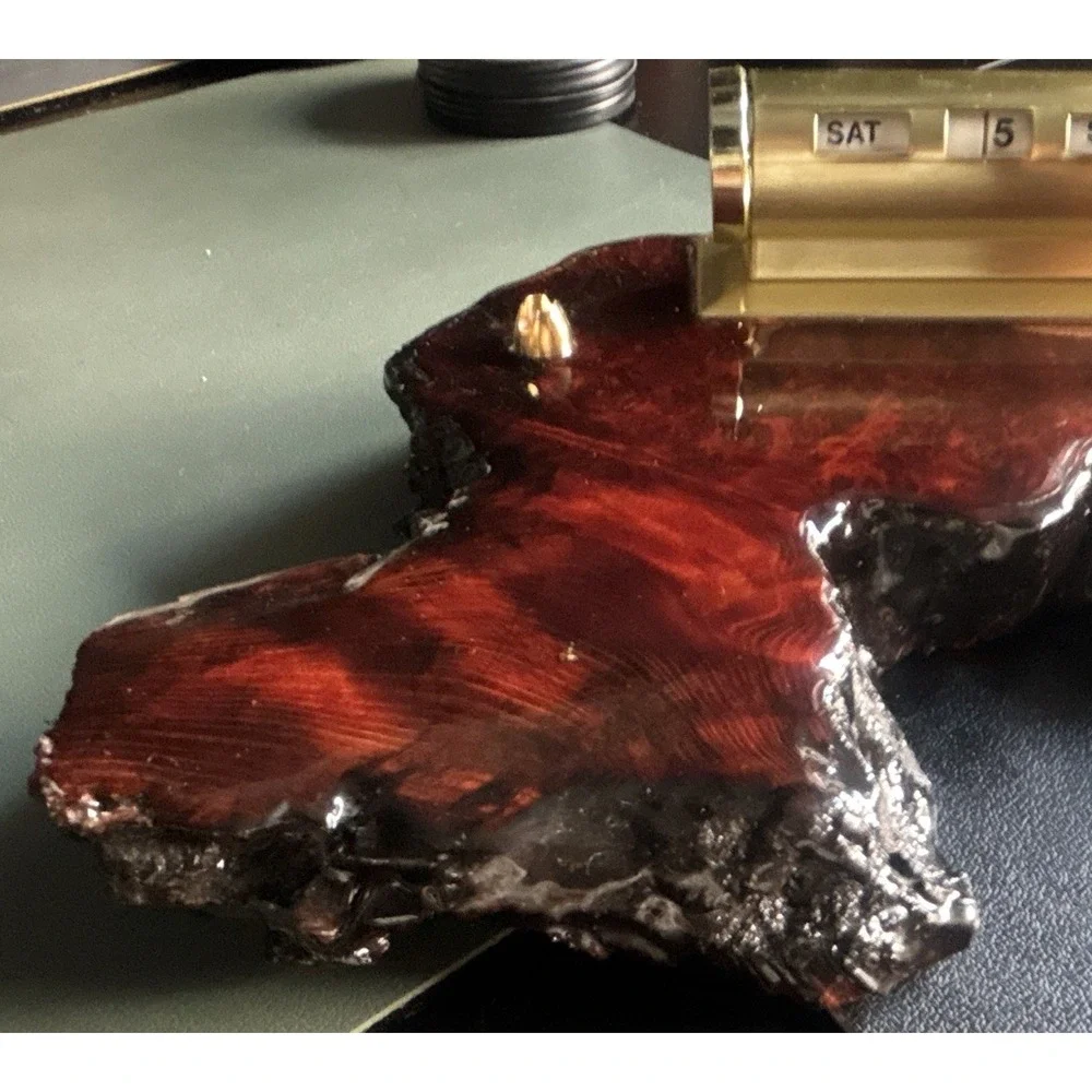 Vintage MCM Redwood Burl Wood Desk Organizer Pen Holder Perpetual Calendar 1970